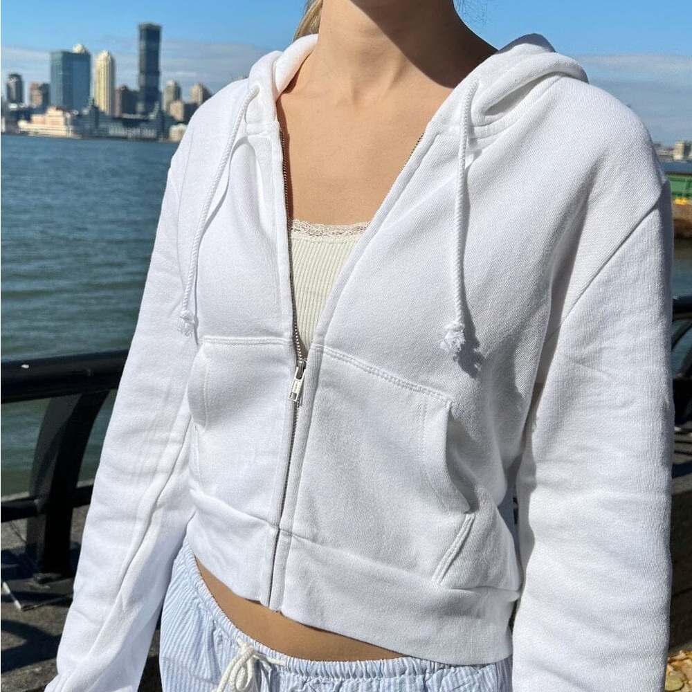 Brandy Melville White Zip Up Crystal Hoodie Sweater NWT brand new